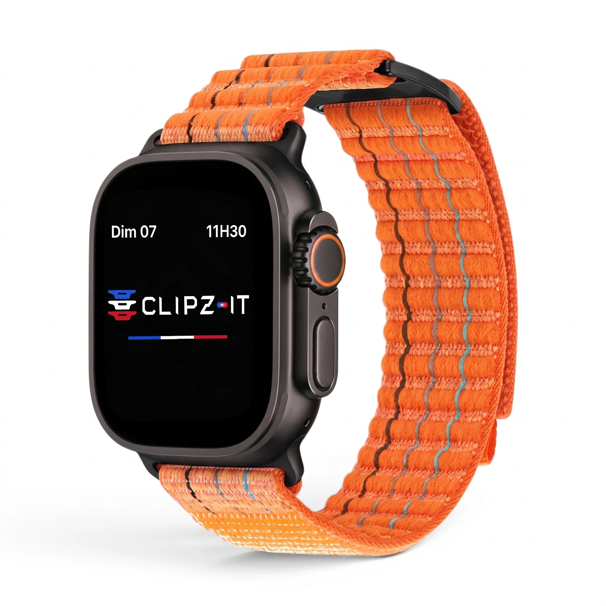 Bracelet Trekker nylon outdoor orange, vue de face - Apple Watch | Clipz-it