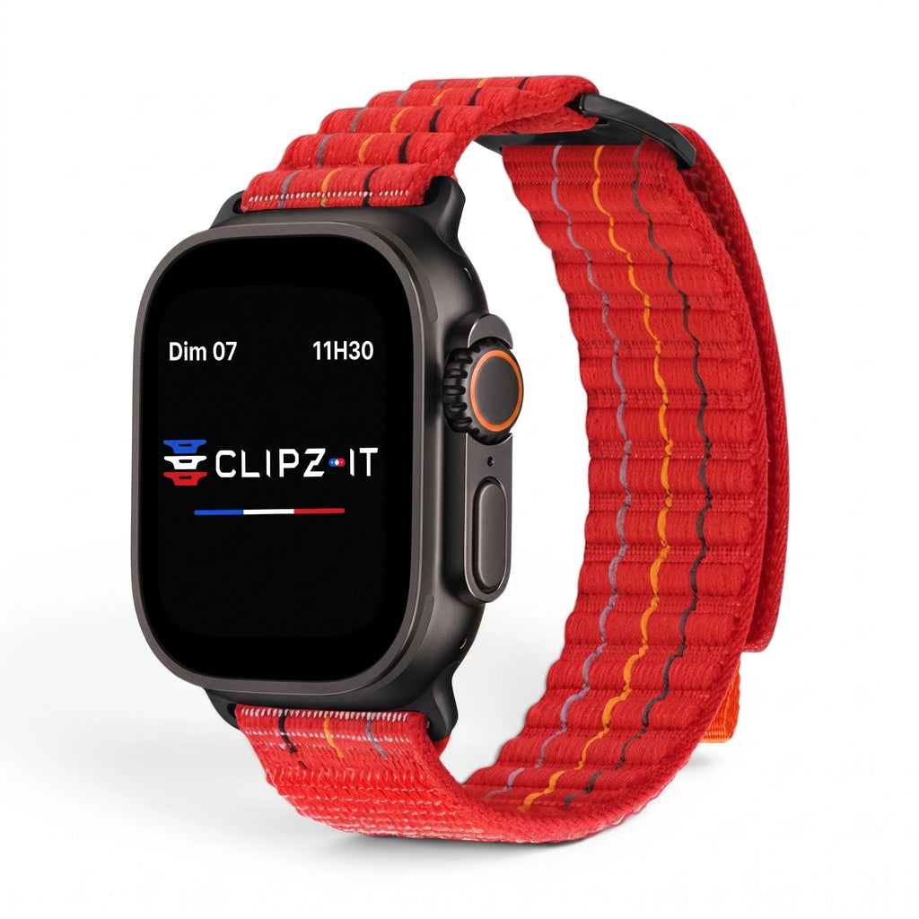 Bracelet Trekker nylon outdoor rouge, vue de face - Apple Watch | Clipz-it