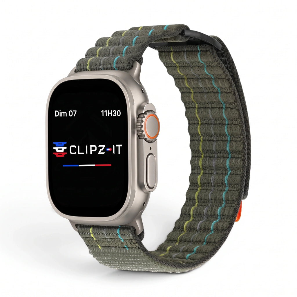Bracelet Trekker nylon outdoor vert militaire, vue de face 2 - Apple Watch | Clipz-it