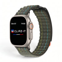 Bracelet Trekker nylon outdoor vert militaire, vue de face 2 - Apple Watch | Clipz-it