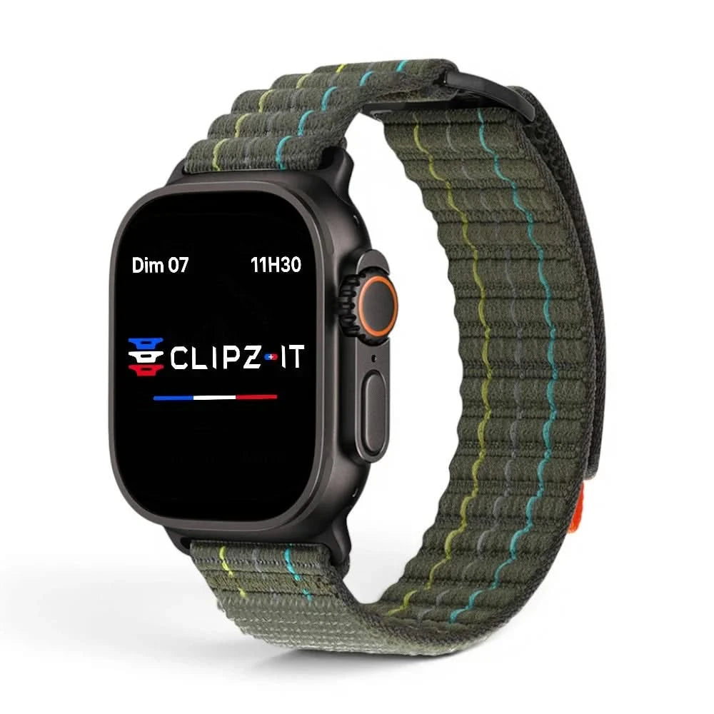 Bracelet Trekker nylon outdoor vert militaire, vue de face - Apple Watch | Clipz-it