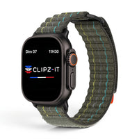 Bracelet Trekker nylon outdoor vert militaire, vue de face - Apple Watch | Clipz-it