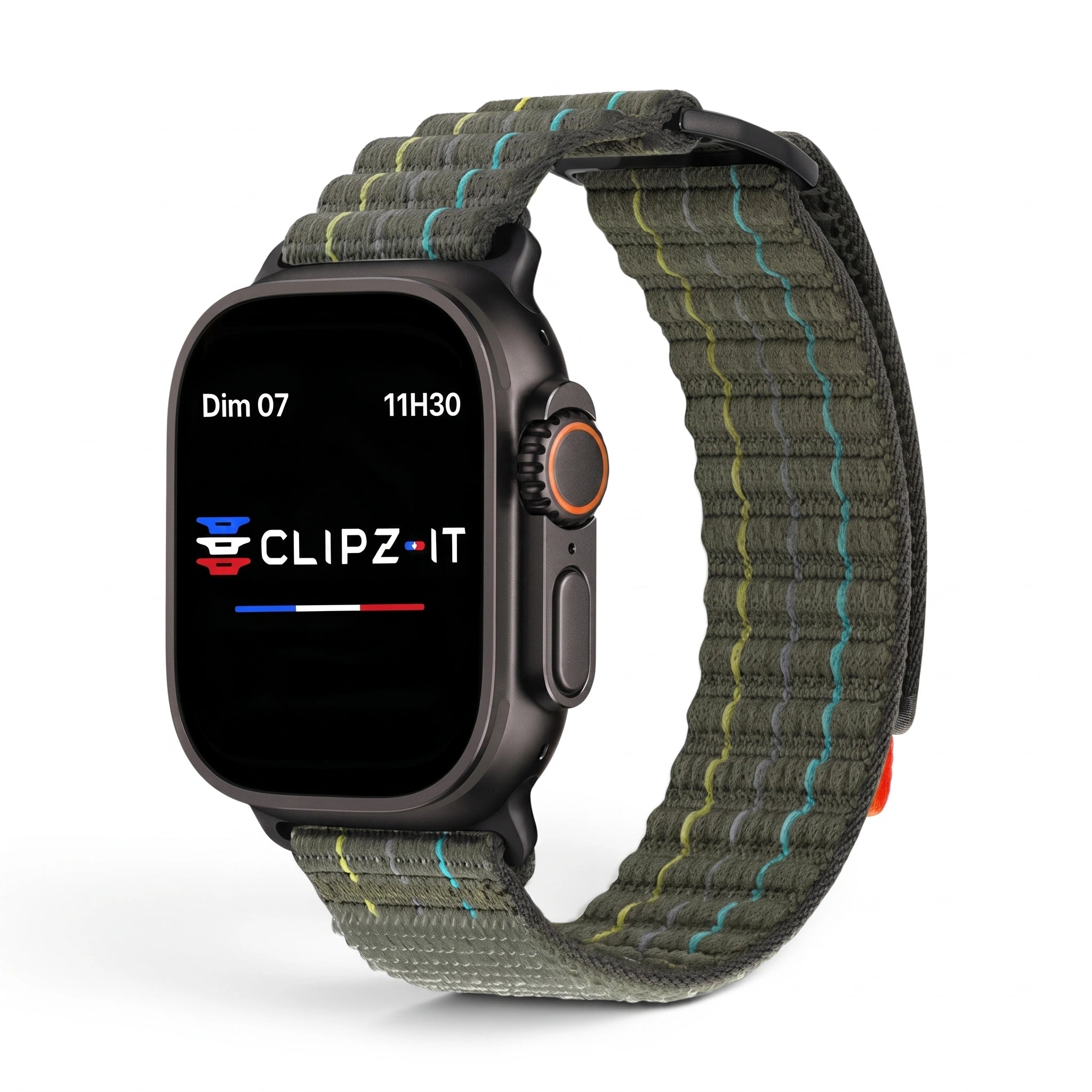 Bracelet Trekker nylon outdoor vert militaire, vue de face - Apple Watch | Clipz-it