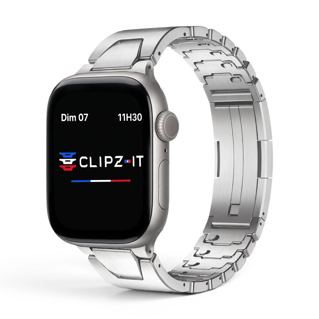 Bracelet Warden acier inoxydable argent, vue de face - Apple Watch | Clipz-it