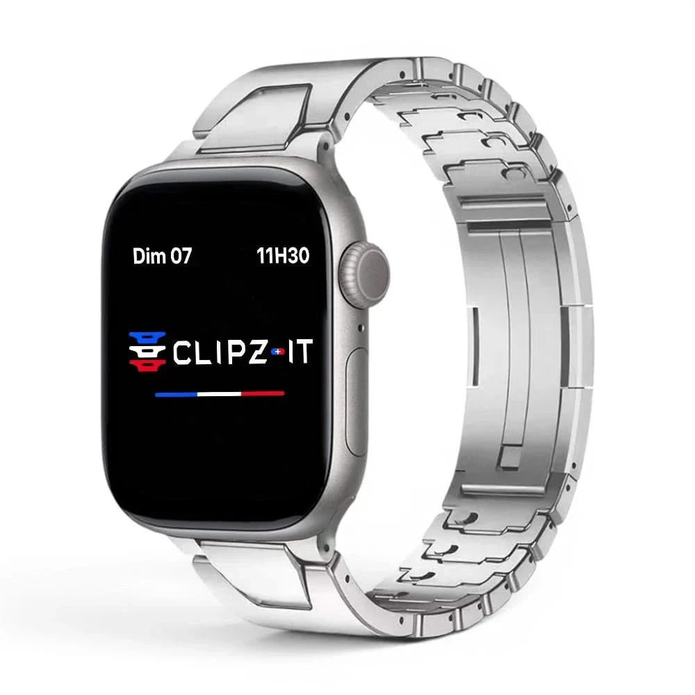 Bracelet Warden acier inoxydable argent, vue de face - Apple Watch | Clipz-it