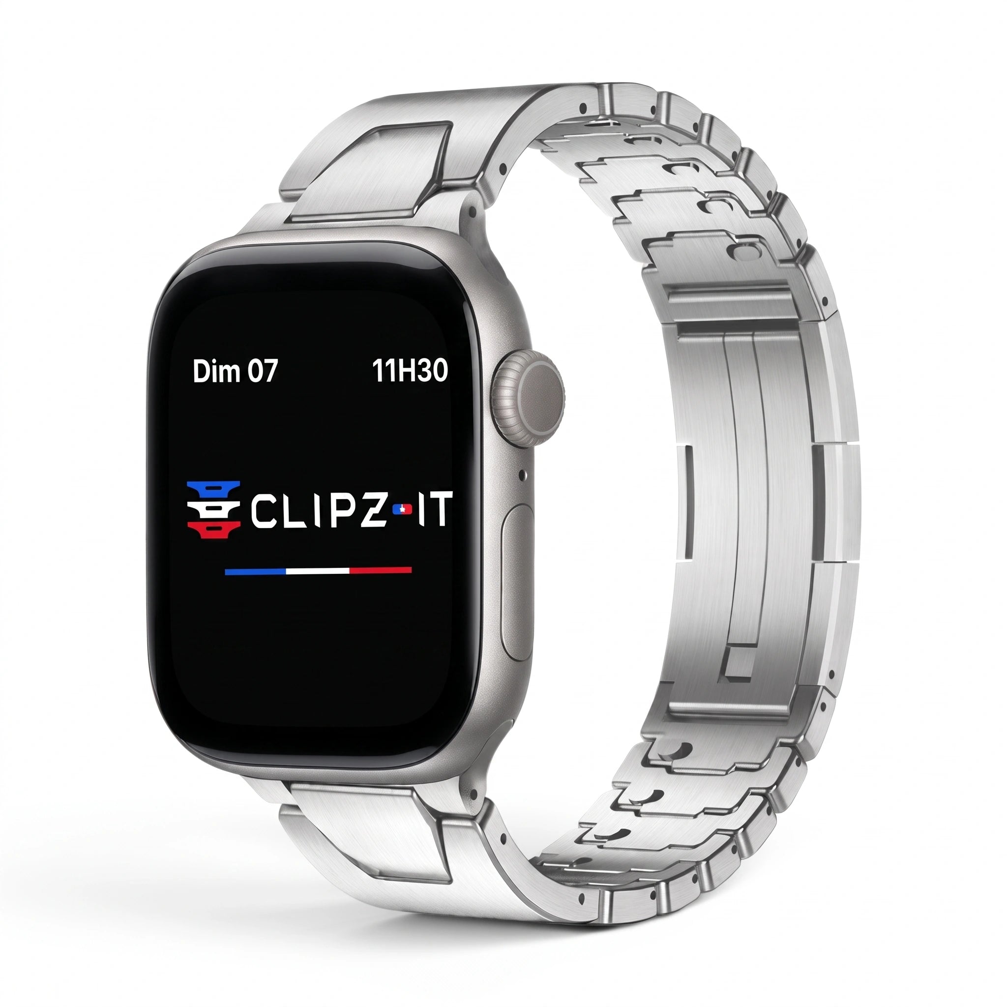 Bracelet Warden acier inoxydable argent, vue de face - Apple Watch | Clipz-it