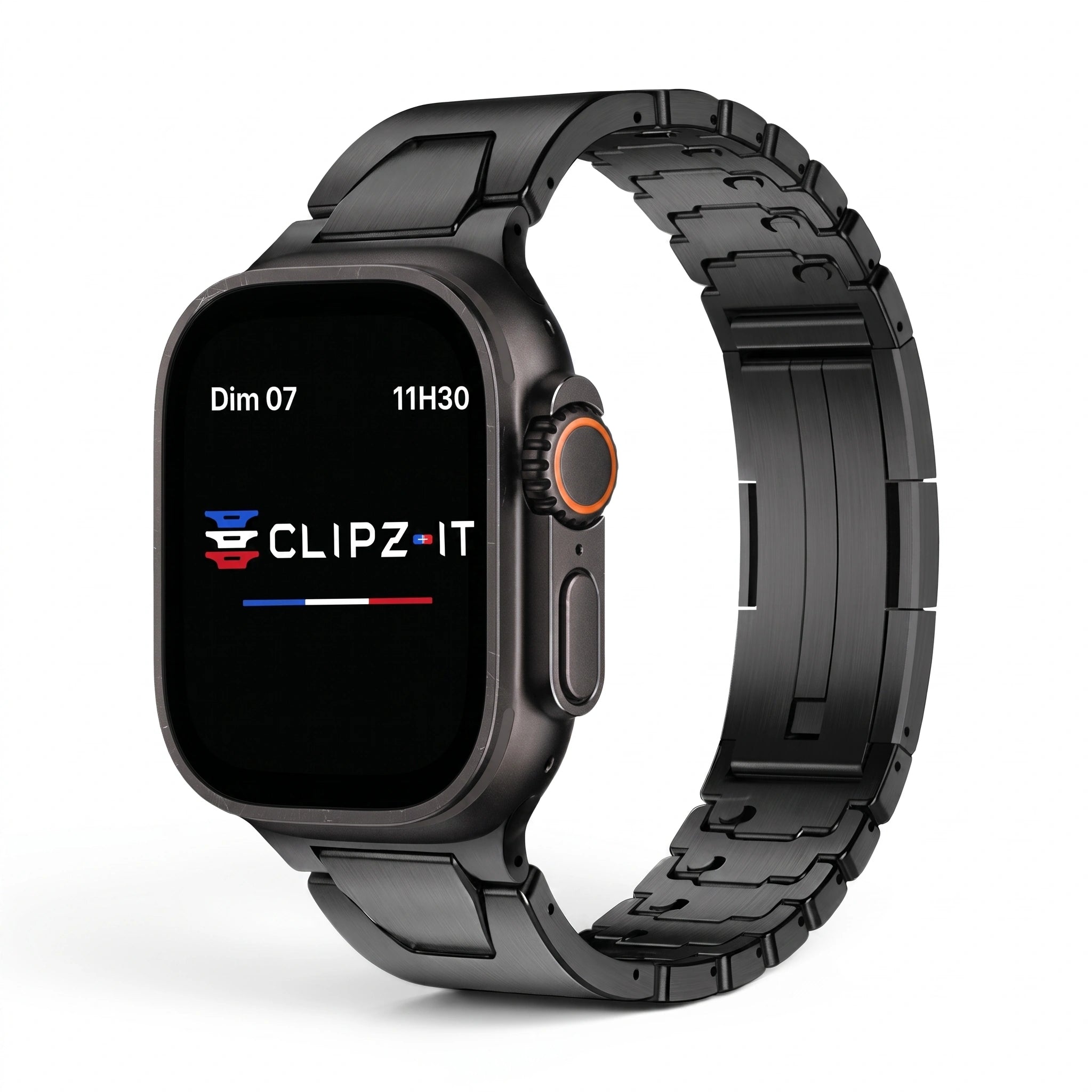 Bracelet Warden acier inoxydable noir, vue de face - Apple Watch | Clipz-it