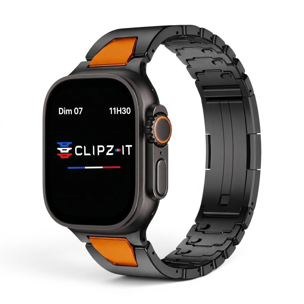 Bracelet Warden acier inoxydable noir & orange, vue de face - Apple Watch | Clipz-it