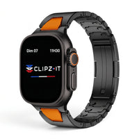 Bracelet Warden acier inoxydable noir & orange, vue de face - Apple Watch | Clipz-it