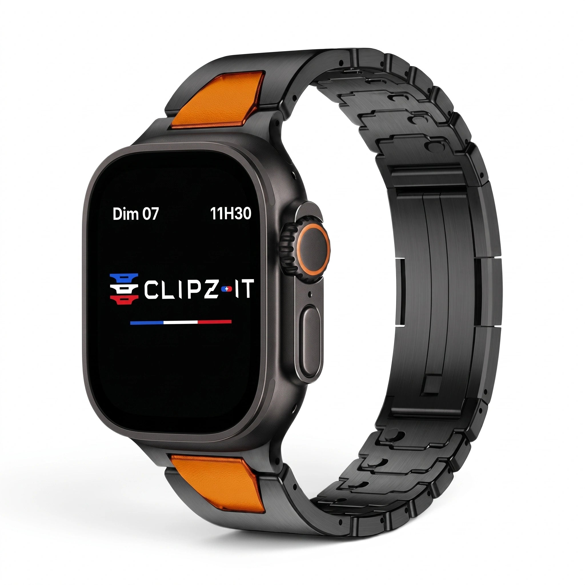 Bracelet Warden acier inoxydable noir & orange, vue de face - Apple Watch | Clipz-it