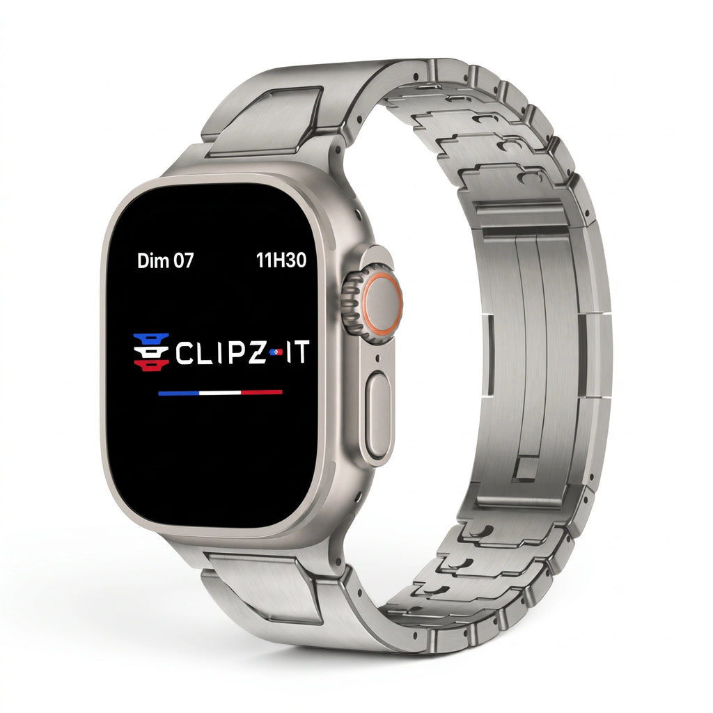 Bracelet Warden acier inoxydable titane, vue de face - Apple Watch | Clipz-it