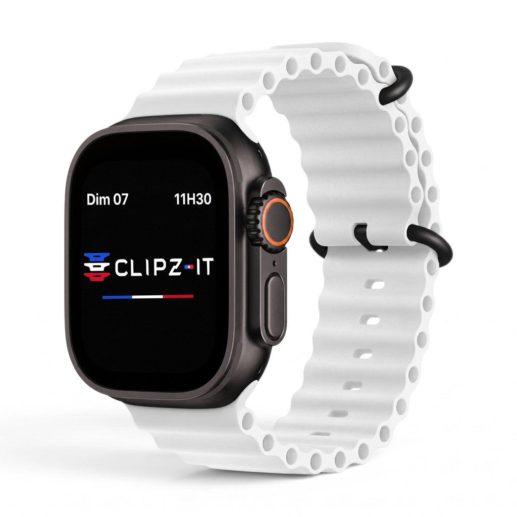 Bracelet Wave silicone blanc, vue de face 2 - Apple Watch | Clipz-it