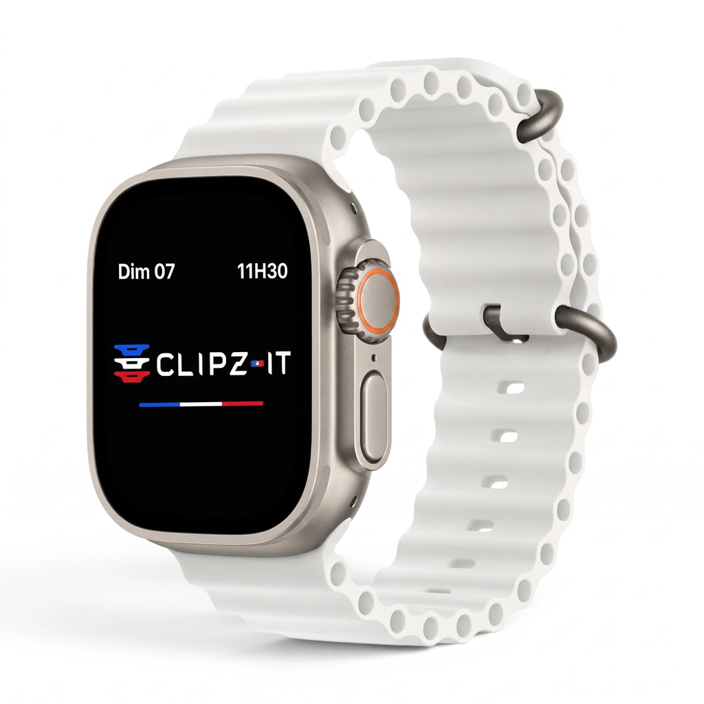 Bracelet Wave silicone blanc, vue de face 3 - Apple Watch | Clipz-it