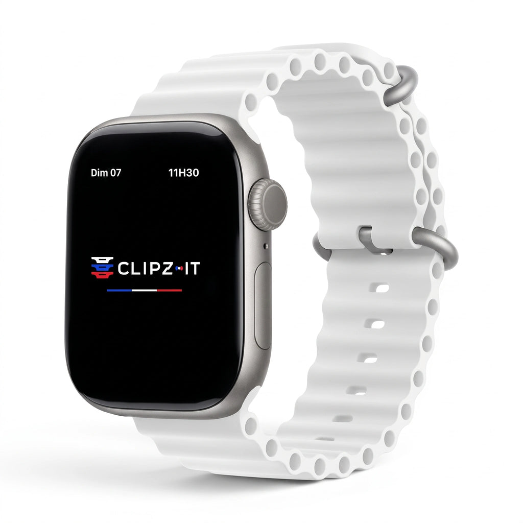 Bracelet Wave silicone blanc, vue de face - Apple Watch | Clipz-it