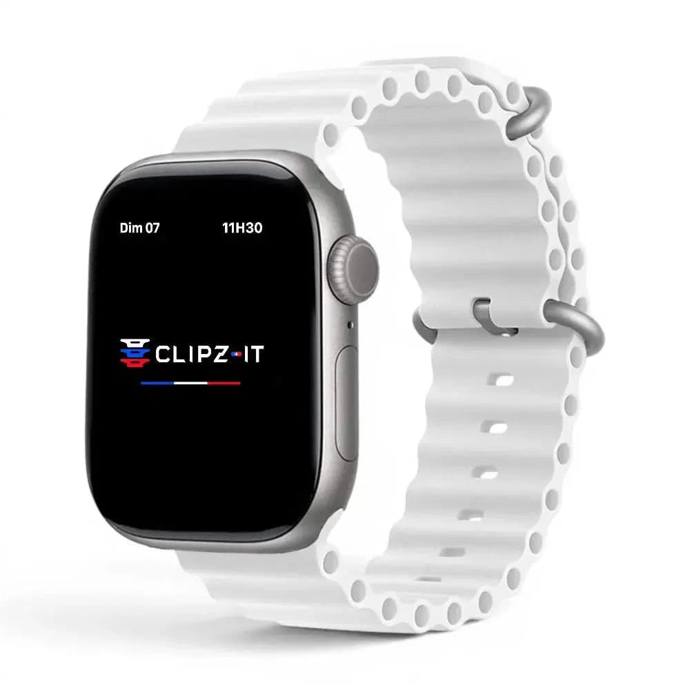 Bracelet Wave silicone blanc, vue de face - Apple Watch | Clipz-it