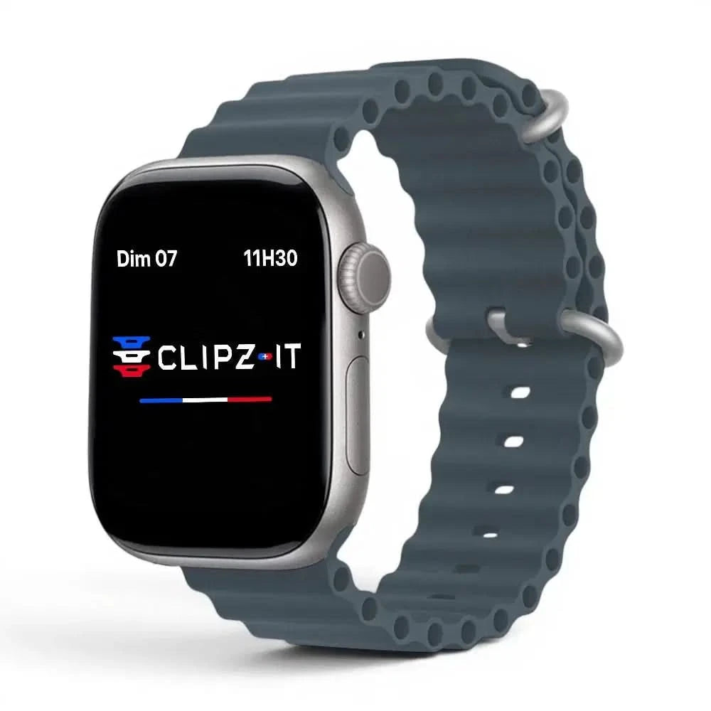 Bracelet Wave silicone bleu minéral, vue de face 2 - Apple Watch | Clipz-it