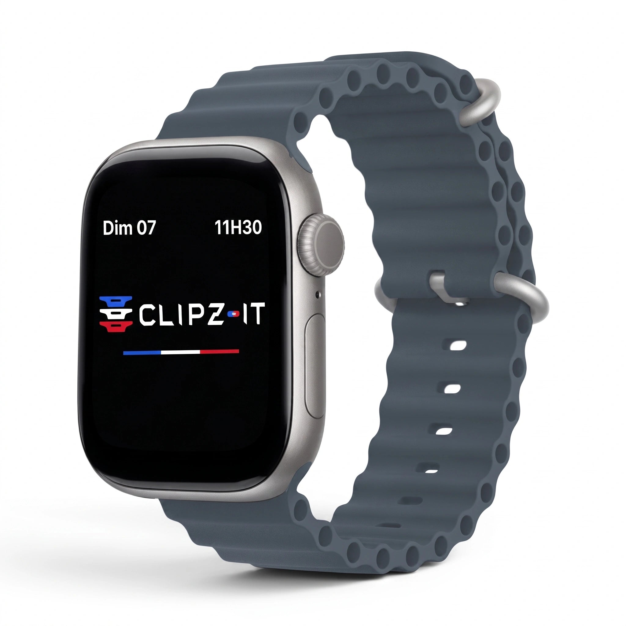 Bracelet Wave silicone bleu minéral, vue de face 2 - Apple Watch | Clipz-it