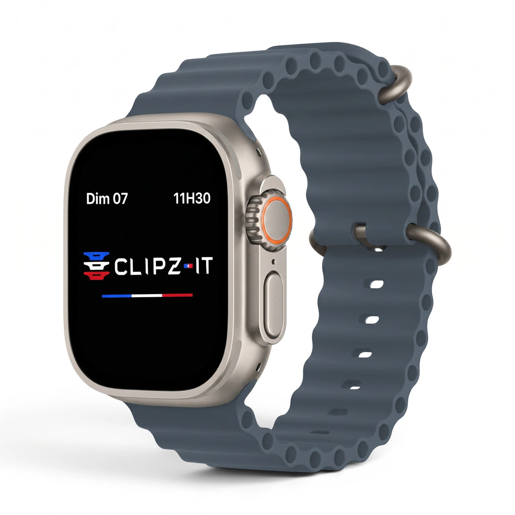Bracelet Wave silicone bleu minéral, vue de face 3 - Apple Watch | Clipz-it
