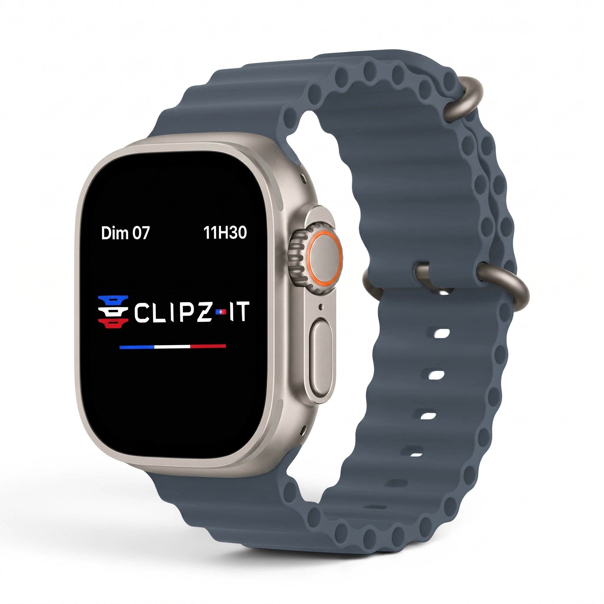 Bracelet Wave silicone bleu minéral, vue de face 3 - Apple Watch | Clipz-it