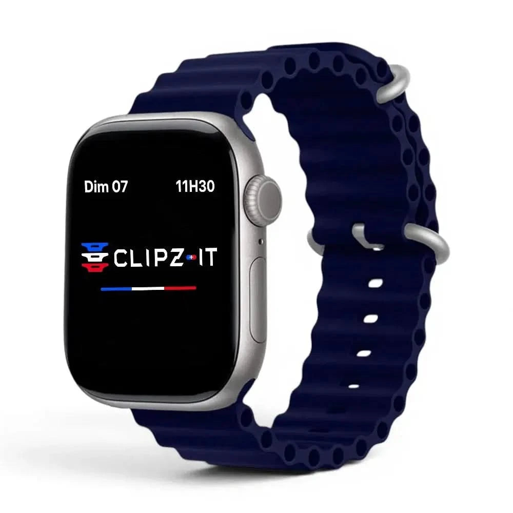 Bracelet Wave silicone bleu nuit, vue de face 2 - Apple Watch | Clipz-it