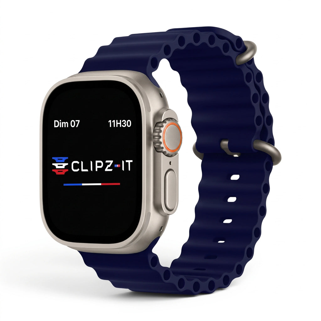 Bracelet Wave silicone bleu nuit, vue de face 3 - Apple Watch | Clipz-it