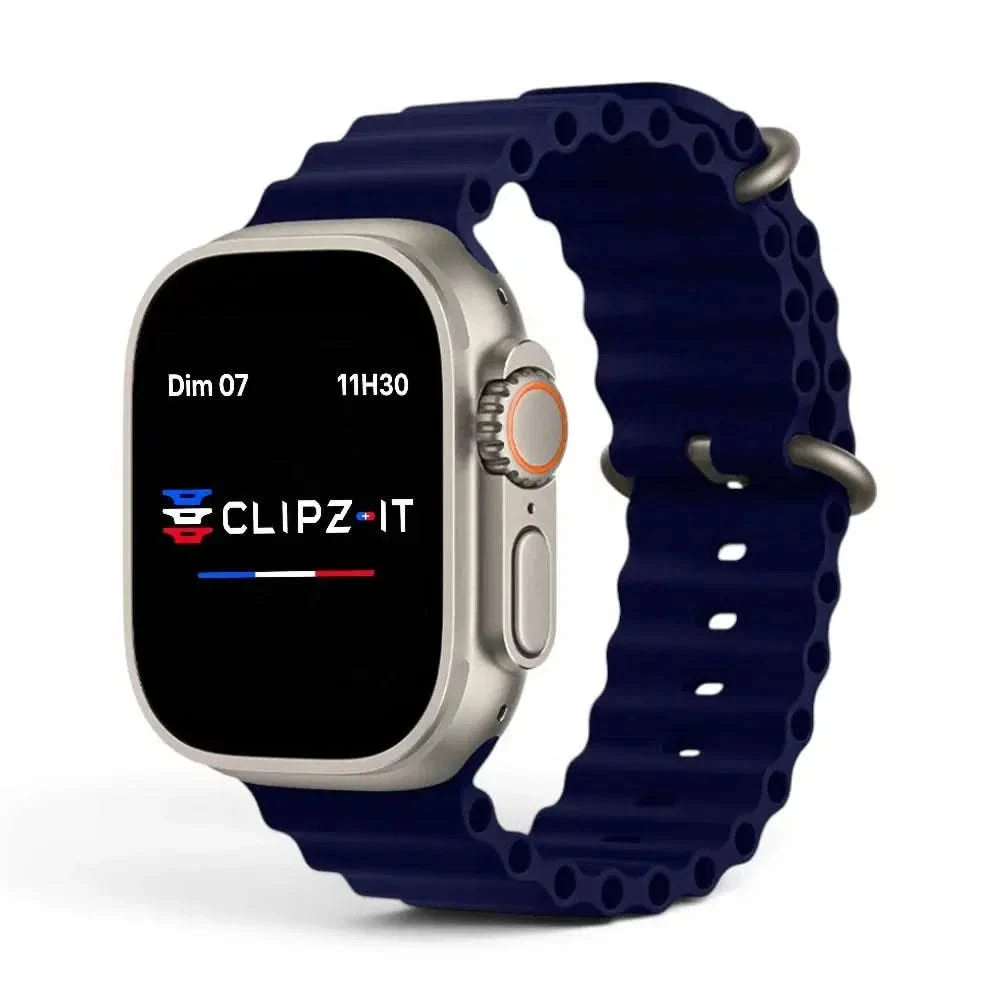 Bracelet Wave silicone bleu nuit, vue de face 3 - Apple Watch | Clipz-it