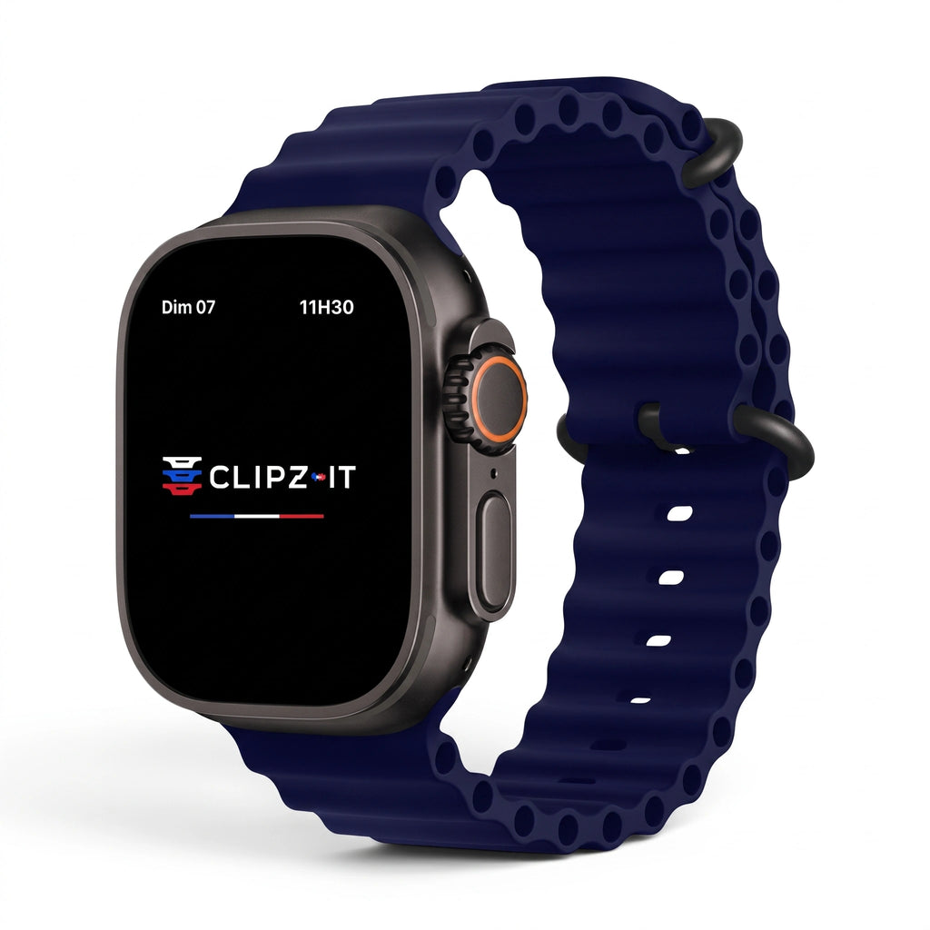 Bracelet Wave silicone bleu nuit, vue de face - Apple Watch | Clipz-it