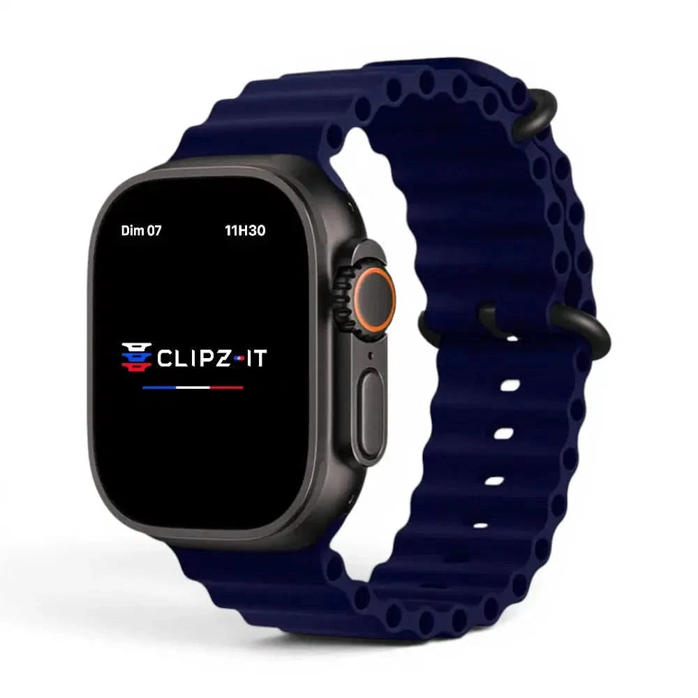 Bracelet Wave silicone bleu nuit, vue de face - Apple Watch | Clipz-it