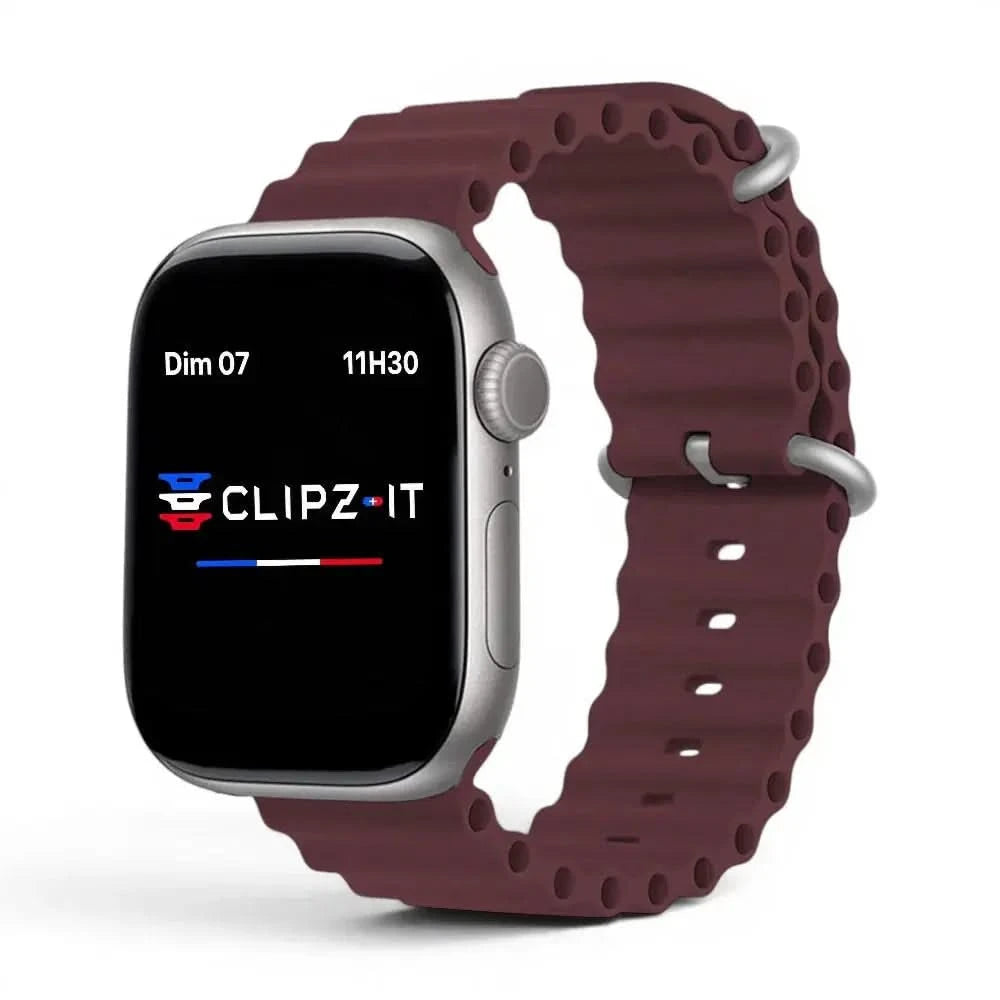 Bracelet Wave silicone bordeaux, vue de face 2 - Apple Watch | Clipz-it