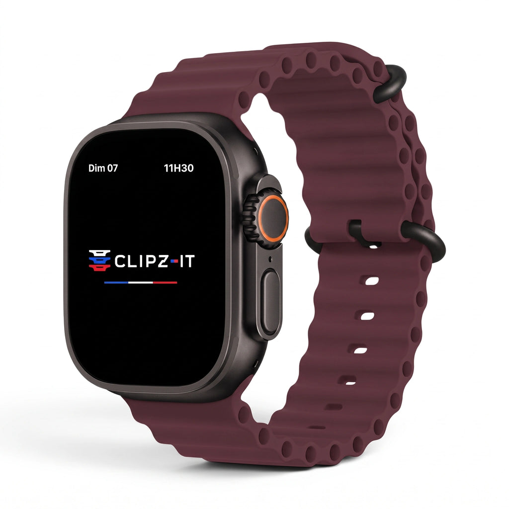 Bracelet Wave silicone bordeaux, vue de face - Apple Watch | Clipz-it