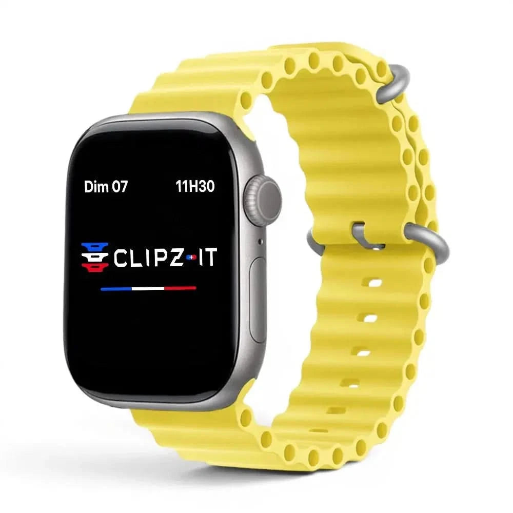 Bracelet Wave silicone jaune, vue de face 2 - Apple Watch | Clipz-it