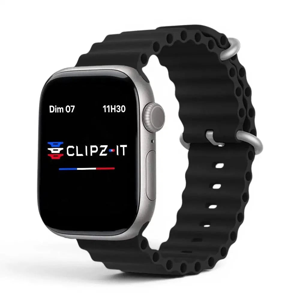 Bracelet Wave silicone noir, vue de face 2 - Apple Watch | Clipz-it