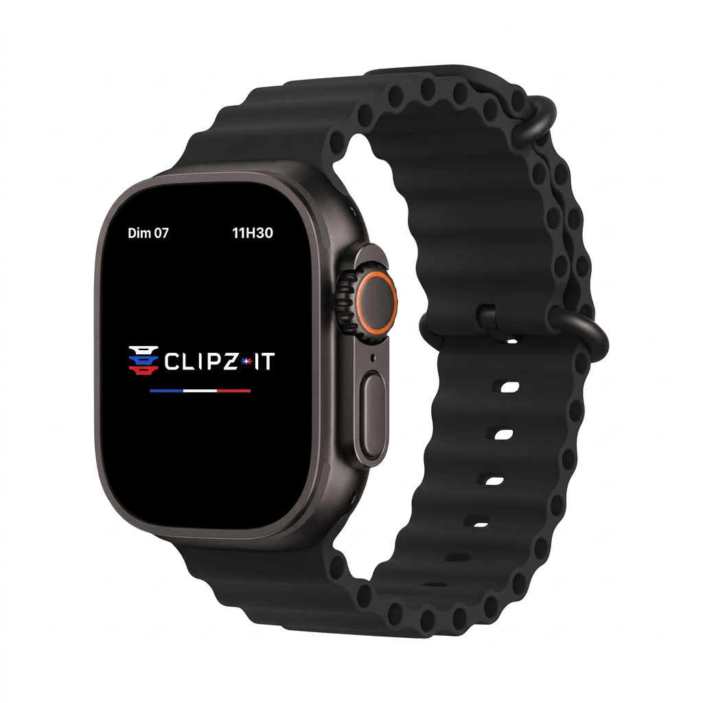Bracelet Wave silicone noir, vue de face - Apple Watch | Clipz-it