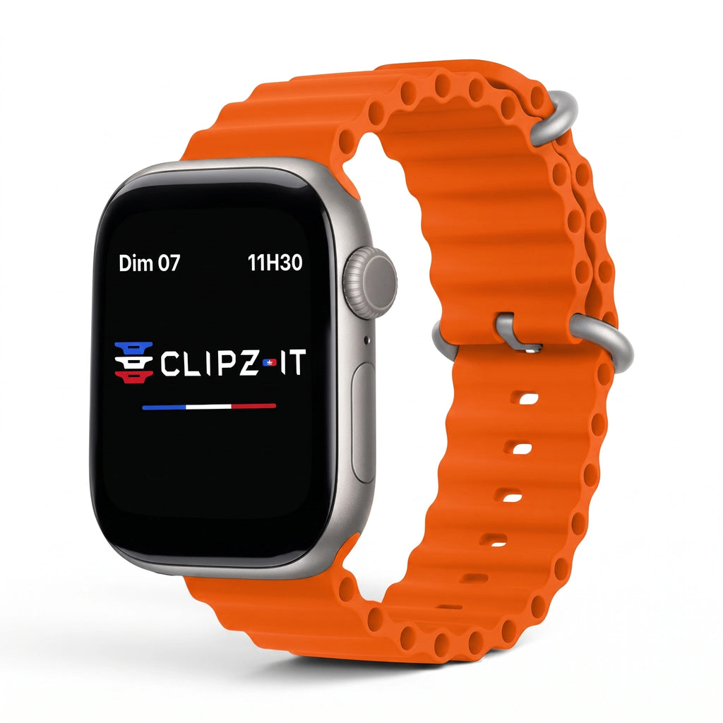 Bracelet Wave silicone orange, vue de face 2 - Apple Watch | Clipz-it