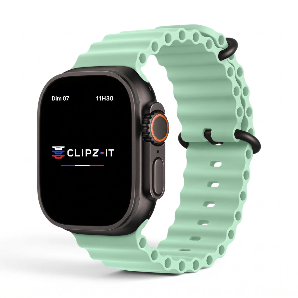 Bracelet Wave silicone pistache, vue de face - Apple Watch | Clipz-it