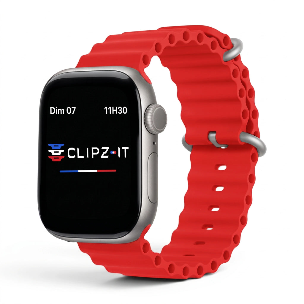 Bracelet Wave silicone rouge, vue de face 2 - Apple Watch | Clipz-it