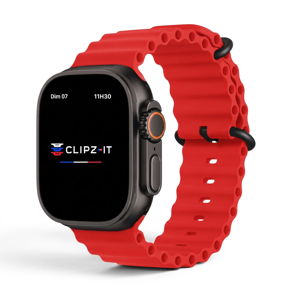Bracelet Wave silicone rouge, vue de face - Apple Watch | Clipz-it