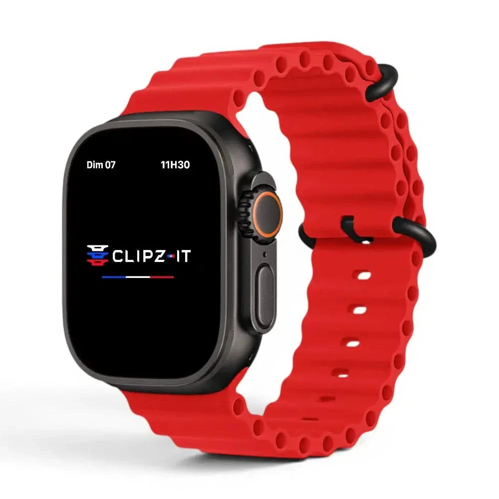 Bracelet Wave silicone rouge, vue de face - Apple Watch | Clipz-it