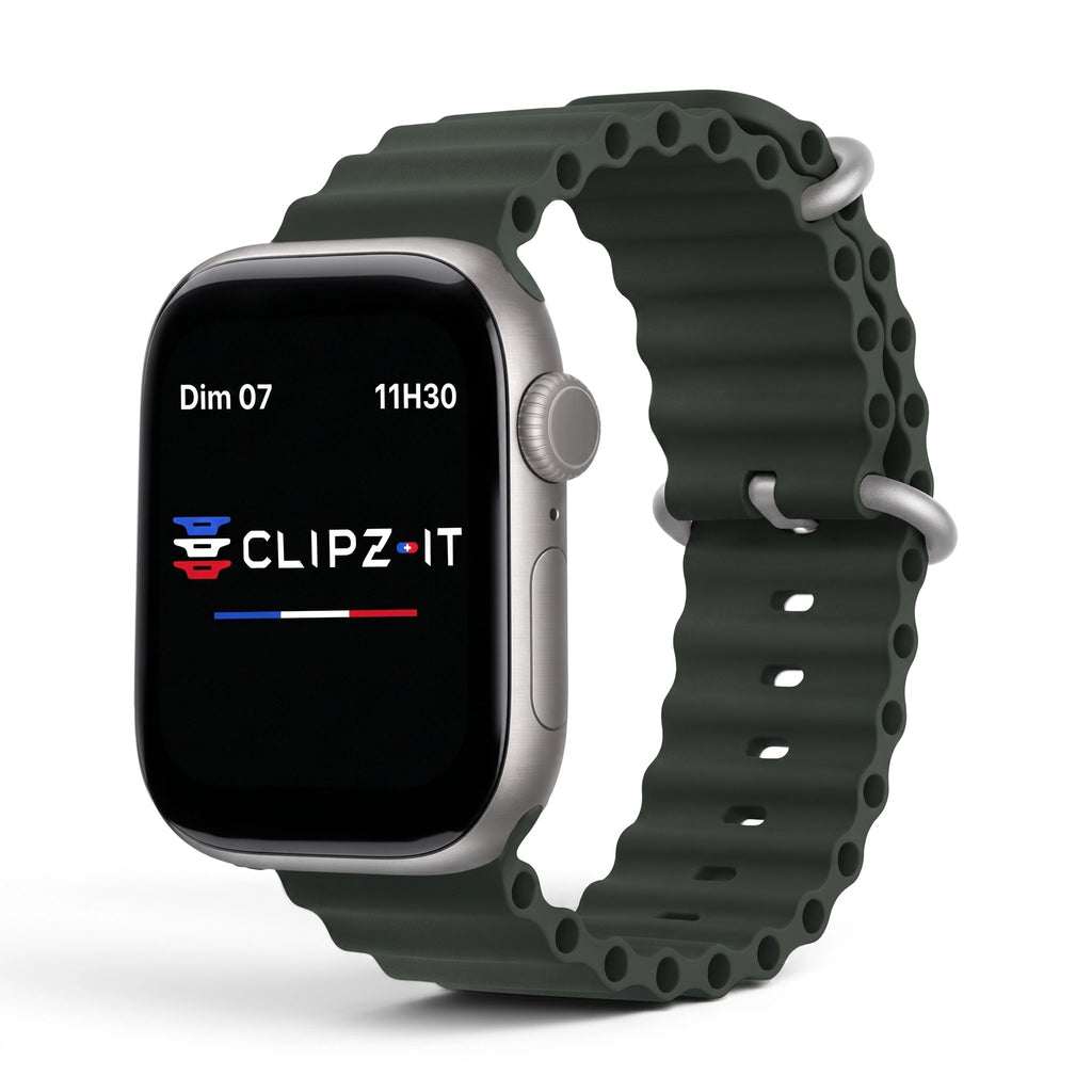 Bracelet Wave silicone vert militaire, vue de face 2 - Apple Watch | Clipz-it