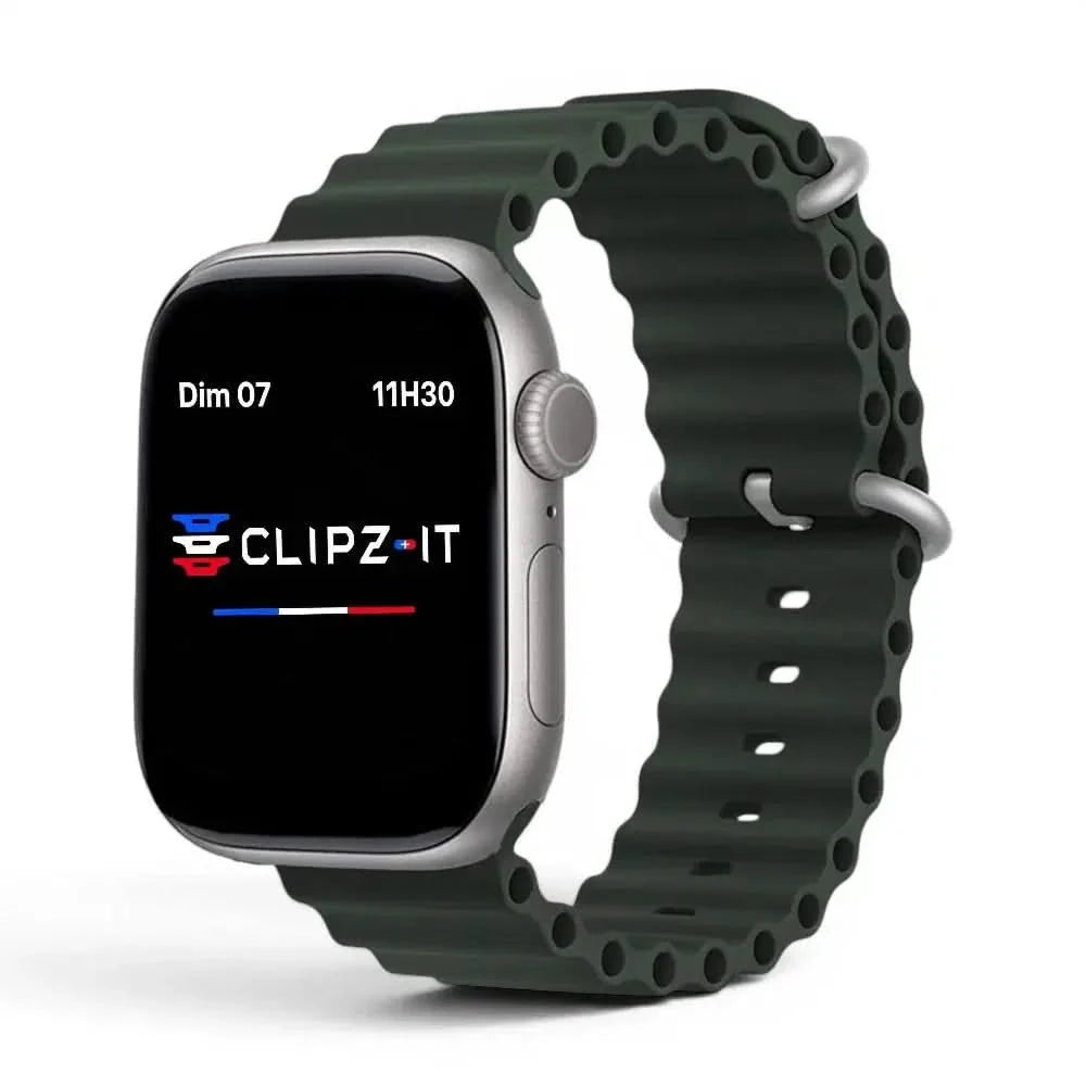 Bracelet Wave silicone vert militaire, vue de face 2 - Apple Watch | Clipz-it