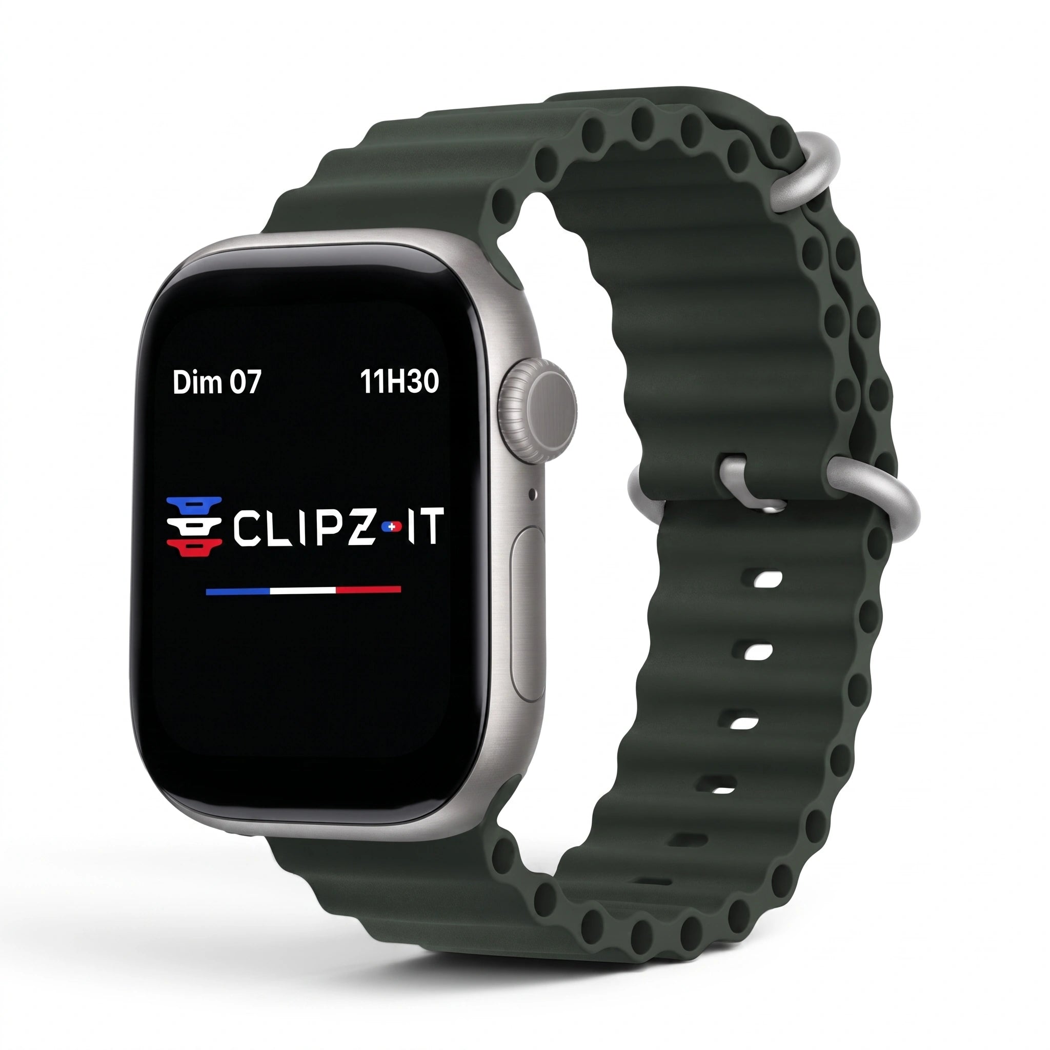 Bracelet Wave silicone vert militaire, vue de face 2 - Apple Watch | Clipz-it