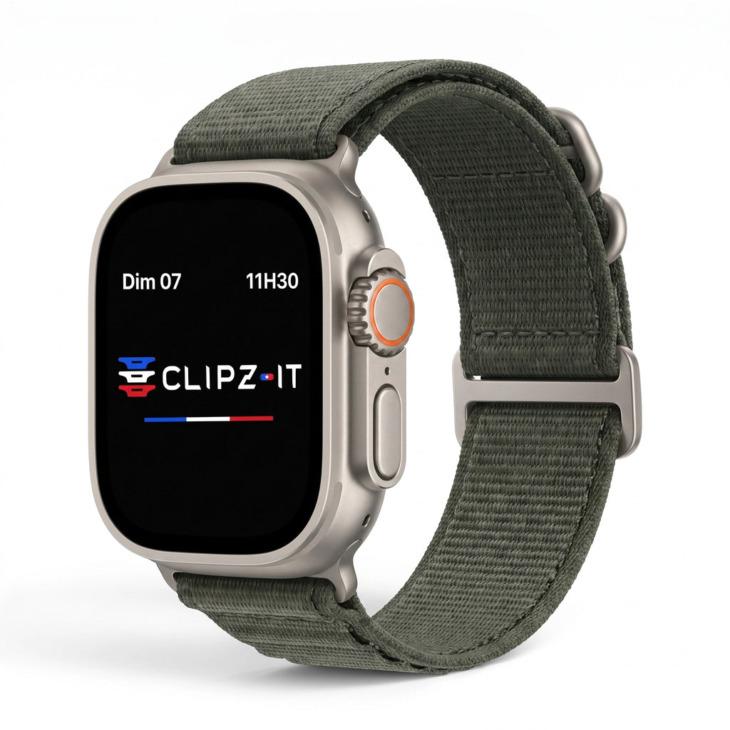 Bracelet Wave silicone vert militaire, vue de face 3 - Apple Watch | Clipz-it
