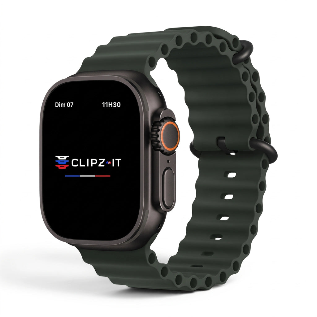 Bracelet Wave silicone vert militaire, vue de face - Apple Watch | Clipz-it