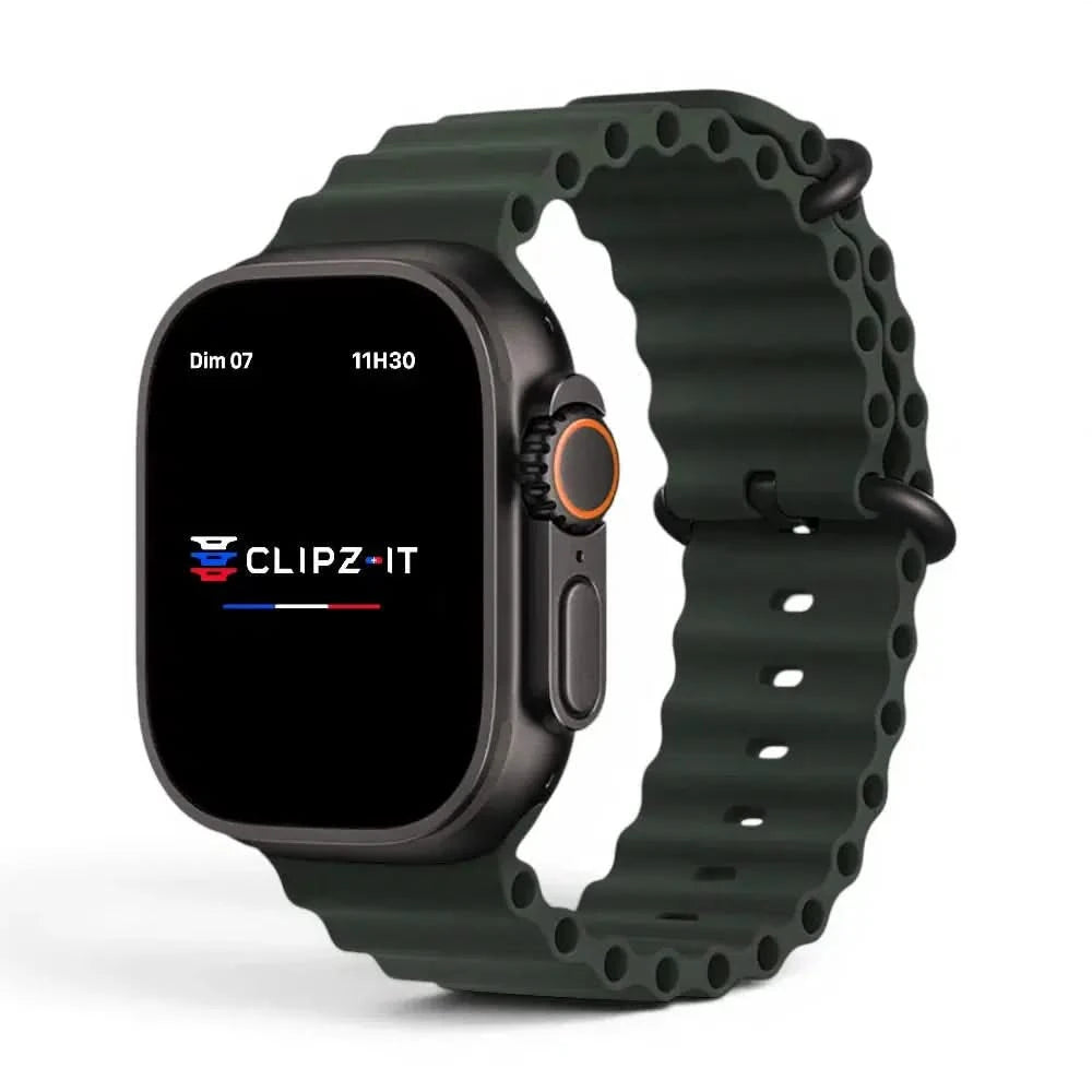 Bracelet Wave silicone vert militaire, vue de face - Apple Watch | Clipz-it