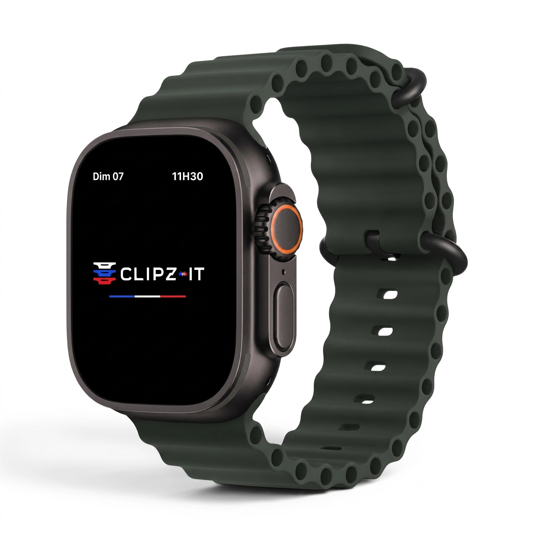 Bracelet Wave silicone vert militaire, vue de face - Apple Watch | Clipz-it