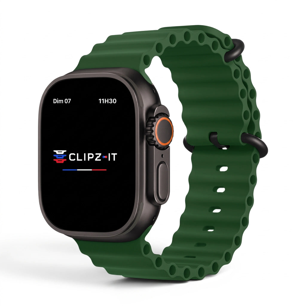 Bracelet Wave silicone vert sapin, vue de face - Apple Watch | Clipz-it