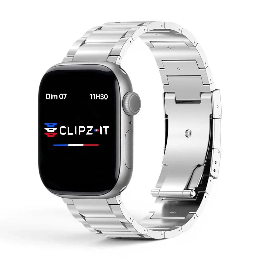 Bracelet Zenith titane maillons argent, vue de face - Apple Watch | Clipz-it