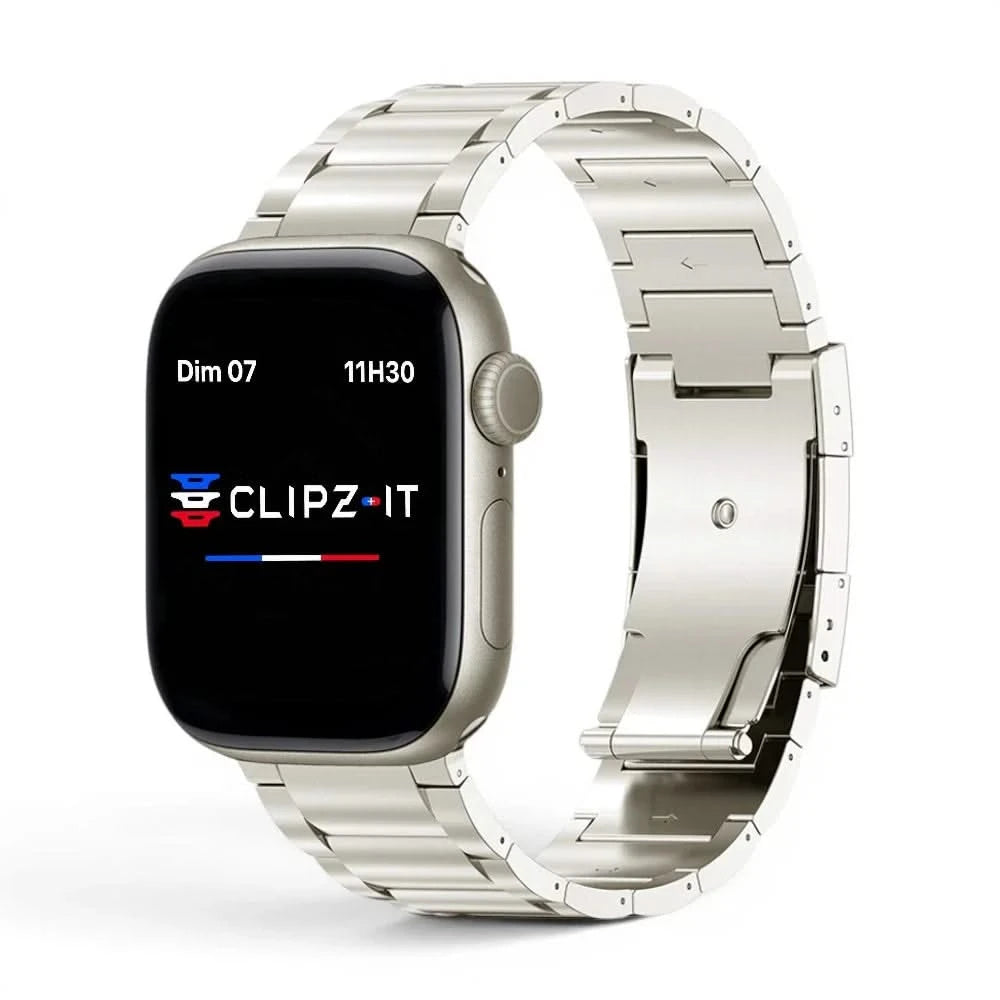 Bracelet Zenith titane maillons lumière stéllaire, vue de face - Apple Watch | Clipz-it
