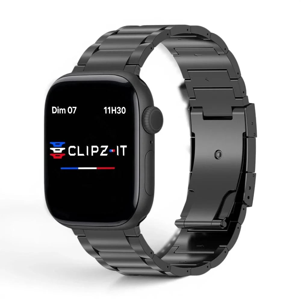 Bracelet Zenith titane maillons noir, vue de face - Apple Watch | Clipz-it