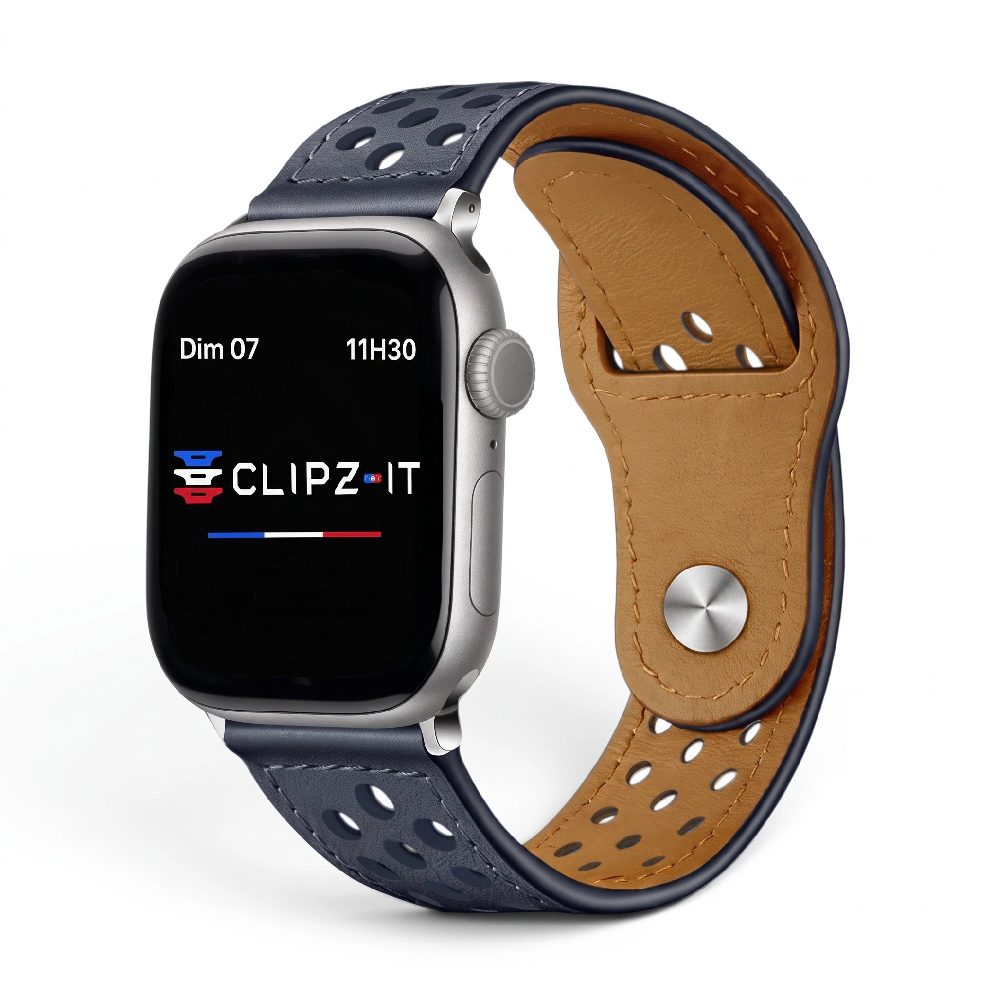 Bracelet Zephyr cuir sportif léger bleu, vue de face - Apple Watch | Clipz-it